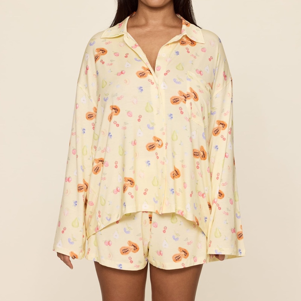 Yellow Fruit Print Pajama Set Button Down Top Shorts Cute Lounge Set Small